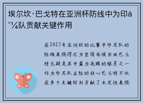 埃尔坎·巴戈特在亚洲杯防线中为印尼队贡献关键作用 埃尔坎·巴戈特在亚洲杯防线中为印尼队贡献关键作用